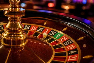 Obraz premium The roulette wheel is in focus with a white ball nearing a number in the game. The background shows a busy casino filled with players and bright lights.