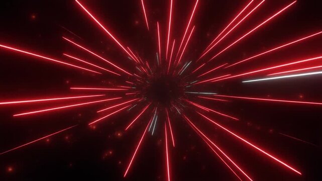 暗闇の高エネルギー核から赤白い稲妻状の発光線が横へ高速放射され電磁パルスと細かな火花が空間を走る