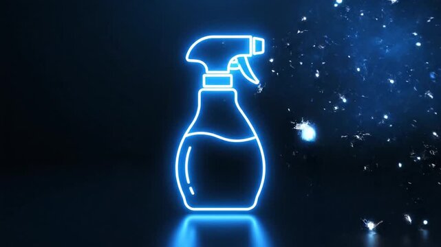 Glowing neon spray bottle icon animation spraying water on dark background