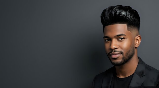 Young man with dark skin tone and modern undercut hairstyle wearing black casual shirt against neutral gray background, suitable for grooming, fashion, and lifestyle marketing.