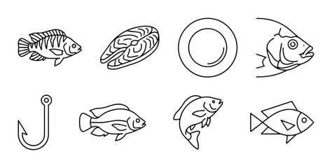Obraz premium Fish Seafood Icons PNG line art, food preparation, fishing gear, transparent background