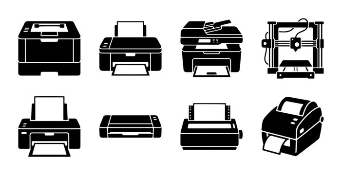 Printer Set Black Icons PNG Office Equipment, Technology Devices