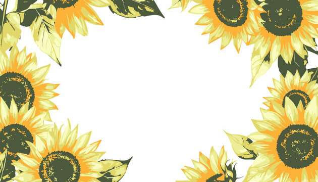 Yellow sunflower border frame with green leaves