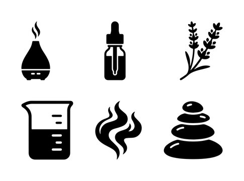 Aromatherapy Set Icons PNG essential oil diffuser dropper bottle lavender stones fire
