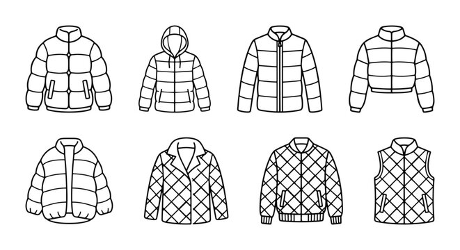 Winter Puffer Jackets & Vests Collection, Fashion Apparel Icons, Outerwear Vector Set