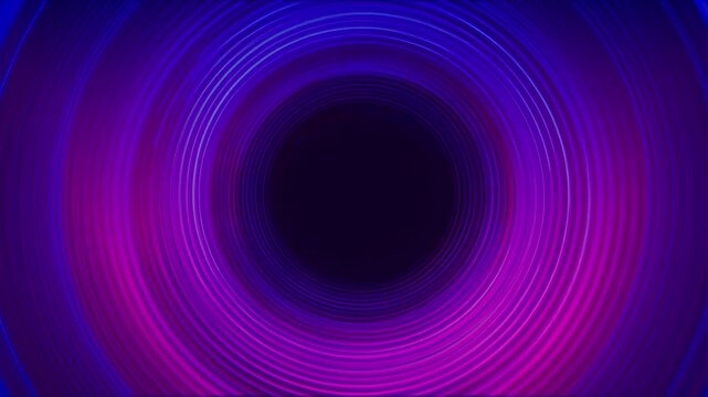 Abstract purple and blue neon light circles spinning in a centered vortex or tunnel motion on a dark background in a seamless 4k loop for music or technology visuals