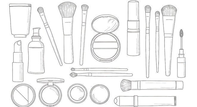 Makeup brushes and cosmetics line art isolated on transparent background
