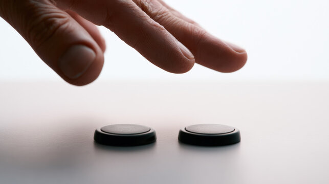 A hand reaches out toward two black buttons placed on a white table. The background is bright and the setting appears focused on the action of the game