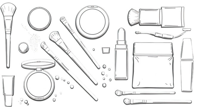 Hand drawn makeup brushes and cosmetics isolated on transparent background