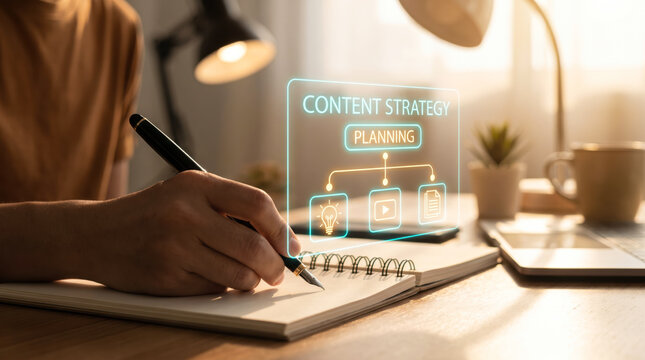 Developing a Professional Digital Content Strategy Using a Notebook and Futuristic Holographic Interface for Business Growth