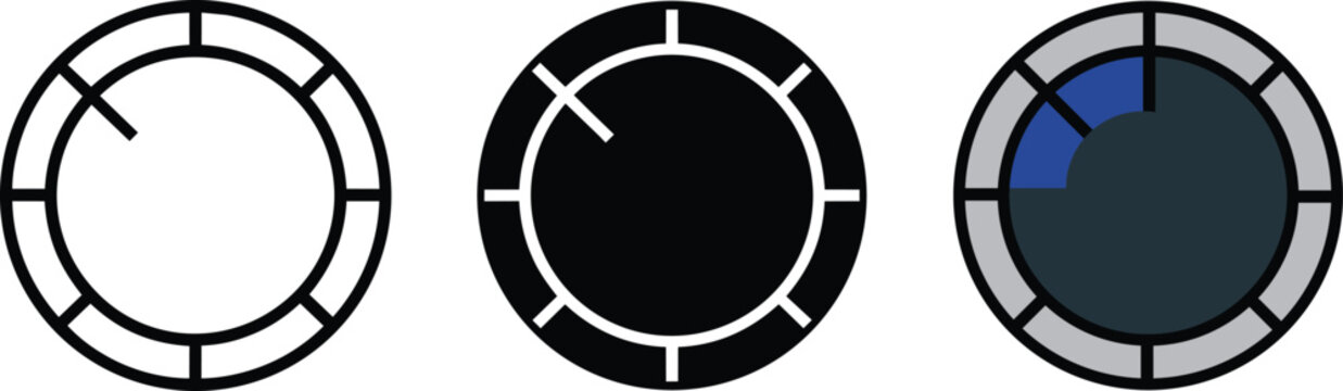 Circular gauge dial indicator icons featuring segmented progress rings and control knobs for digital dashboard user interface elements and speed
