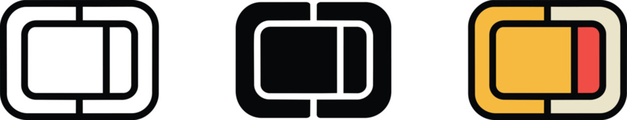 Strap buckle icons in outline, solid, and flat color styles, featuring minimal clasp designs for luggage straps and belt adjusters and set and plastic