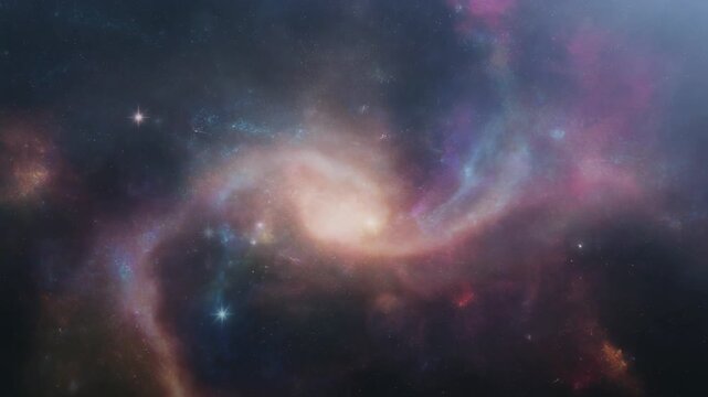 Cinematic seamless looping background of a swirling spiral nebula with vibrant pink orange and blue glowing gas clouds and distant stars