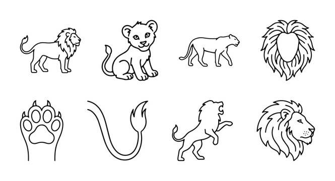 Lion icon set for wildlife and zoo themes outline, solid and color styles, white background