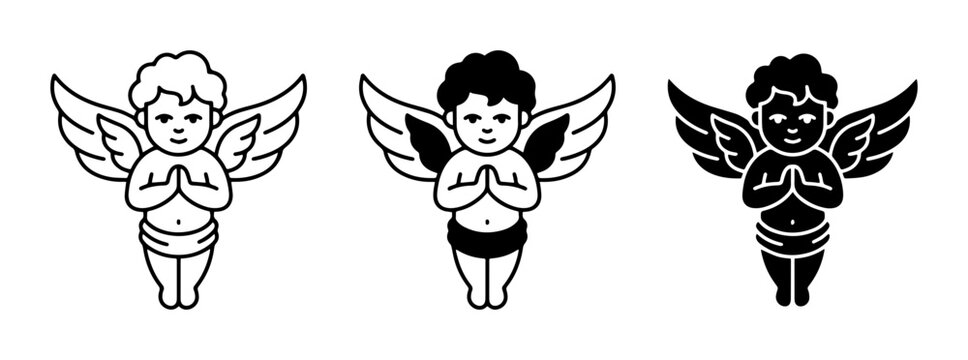 Cherub icon set for love and faith symbols outline, solid and color styles, white background