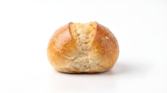 Fresh baked round crusty bread roll isolated on white background.