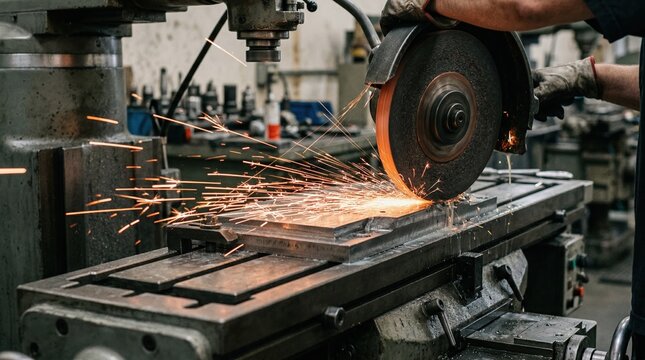 Focused medium shot of a vibrant spark closeup during surface grinding showcasing the dynamic energy and precision involved in leveling a machine tables surface.