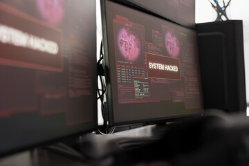 Desktop screen filled with system hack warnings  alert indicates malicious bug breached firewall security, highlighting digital threats, cybersecurity risks and data protection challenges. © DC Studio
