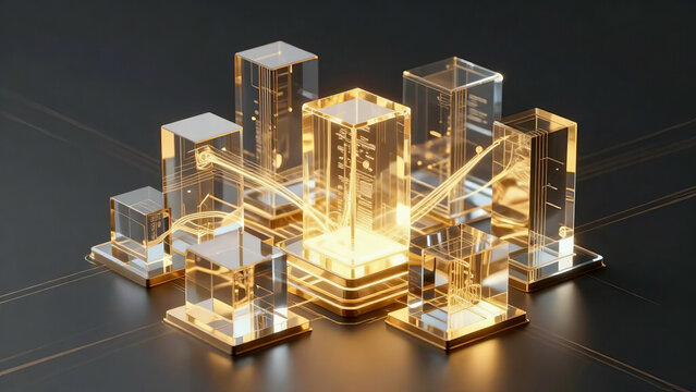 Futuristic 3D Glass Server Network with Glowing Gold Data Connections