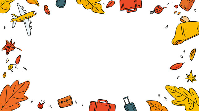 Warm autumn travel frame showing colorful falling leaves and vacation elements against a clean white background feeling cozy and inviting