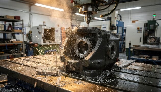 Medium shot capturing the robust casting and CNC cutting of cast iron gear pump casing emphasizing heavyduty manufacturing in a wellequipped metal workshop.