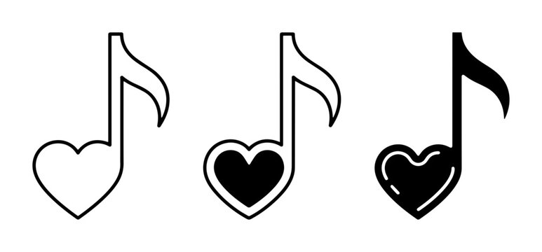 3 Heart Music Note Icons, Outline and Solid Styles, for Love Song Themes