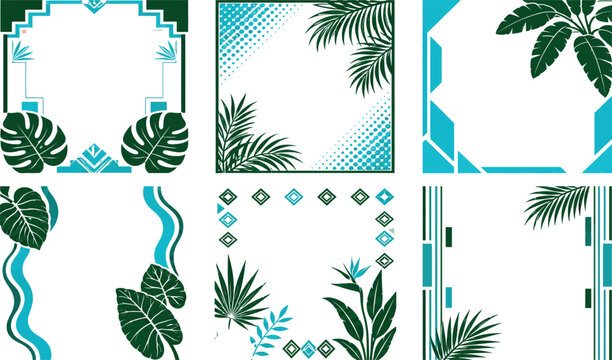 A collection of six square vector graphic frames featuring tropical palm leaves and modern geometric patterns in vibrant teal colors
