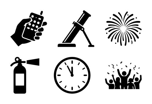 Celebration and Safety Icons: Fireworks, Clock, Fire Extinguisher, Mortar, Remote, Crowd