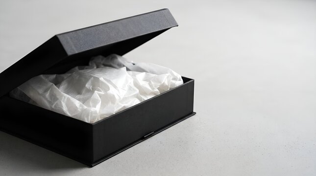 Open black gift box with white tissue paper.