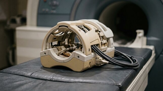 Receiver coil array positioned on the MRI scanner table before an examination | Medical Procedure Stock Photo