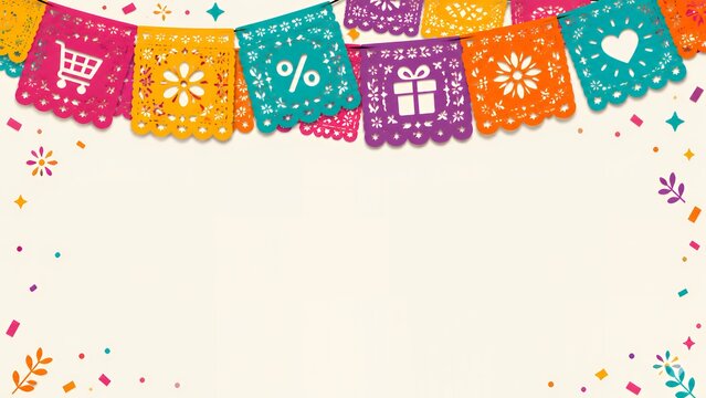 Event background with papel picado border and confetti paper cut social media blank space negative space