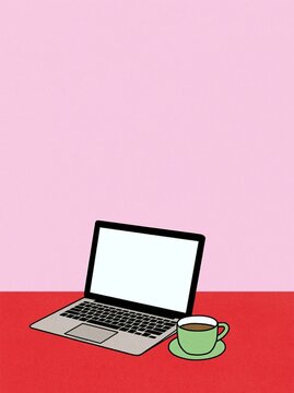 Illustration of laptop and coffee cup on red desk
