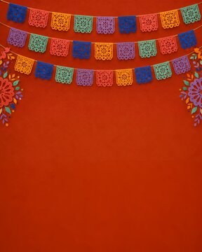 Colorful papel picado frame background for cultural event with paper cut social media blank space folk art