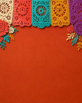 Papel picado banner background with floral decorations paper cut social media blank space negative space