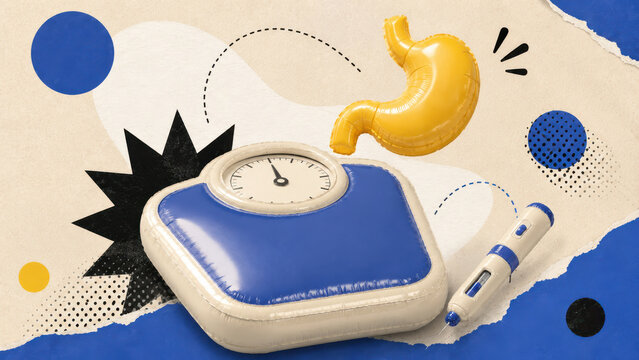 Weight loss progress tracking collage with an inflatable bathroom scale a gastric stomach balloon and an injection pen