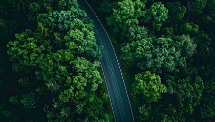 Fototapeta premium Aerial view of a winding road through a lush, green forest canopy