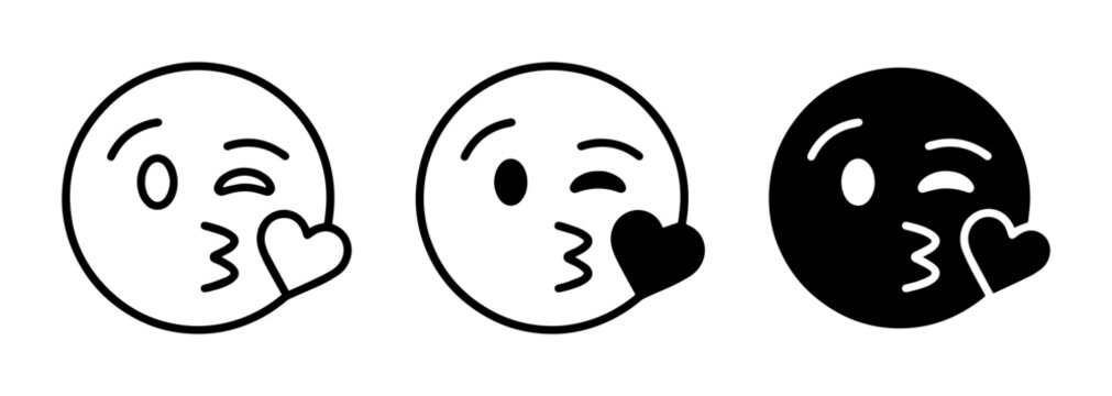 3 Kissing Face Emojis Outline Silhouette Flat Design for Communication