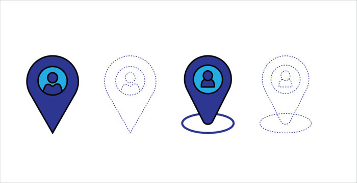 location tracker icon ,blue GPS pin with person symbol ,solid and outline user marker vectors