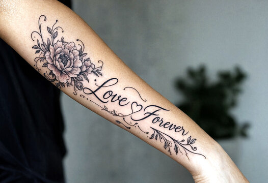 Beautiful forearm tattoo featuring elegant floral design with love forever script in cursive writing