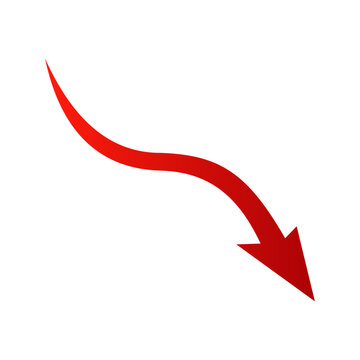Curved arrow icon, downward right pointing vector symbol, smooth sweeping red graphic for diagrams, presentations, flow direction design projects