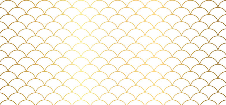 Scalloped semicircle pattern, fish scale vector design, geometric overlapping outlines, minimalist gold repeating grid texture for backgrounds