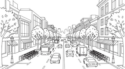 Obraz premium City landscape. Line urban backdrop, different buildings on street, doodle street draw, outline cityscape hand sketch, flat houses. Hand drawn vector illustration