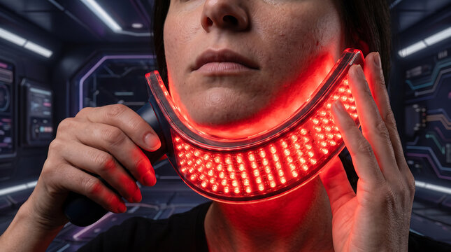 Close up of a woman holding a red LED light therapy device against her jawline for skin rejuvenation antiaging treatment and facial skincare in a futuristic setting