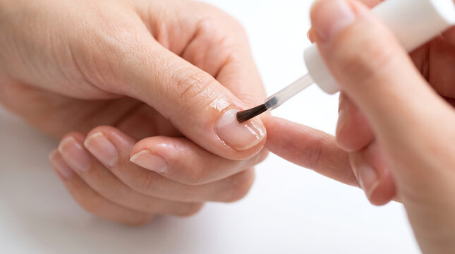 Close up of a manicurist applying nourishing cuticle oil with a brush onto a womans fingernail during a professional manicure salon treatment for healthy skin and nails