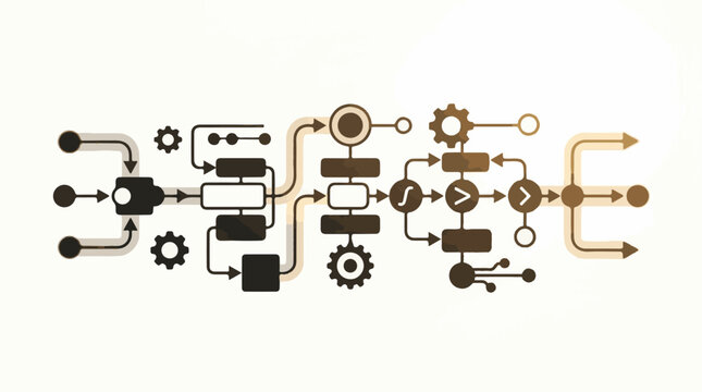 Complex flowchart of interconnected processes gears and decision points