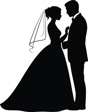 Black silhouette of a bride and groom standing face to face, isolated on a plain white background