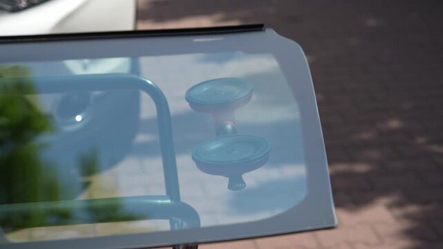 Mobile Windshield Replacement Concept 4k video. Red vacuum lifter secures new car glass on outdoor repair stand. New transparent car glass awaits outdoor installation