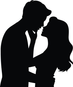 Black silhouette of a young couple standing close together, looking at each other on white... love