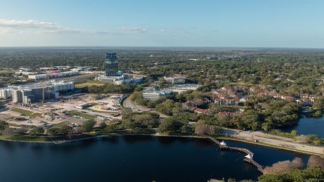 Aerial view of Cranes Roost Park and the surrounding town skyline in Altamonte Springs, Florida, USA.  February 7, 2024. 