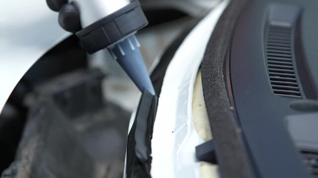 Extruding black windshield sealant with a caulking gun in 4K video. Applying urethane adhesive for windshield replacement